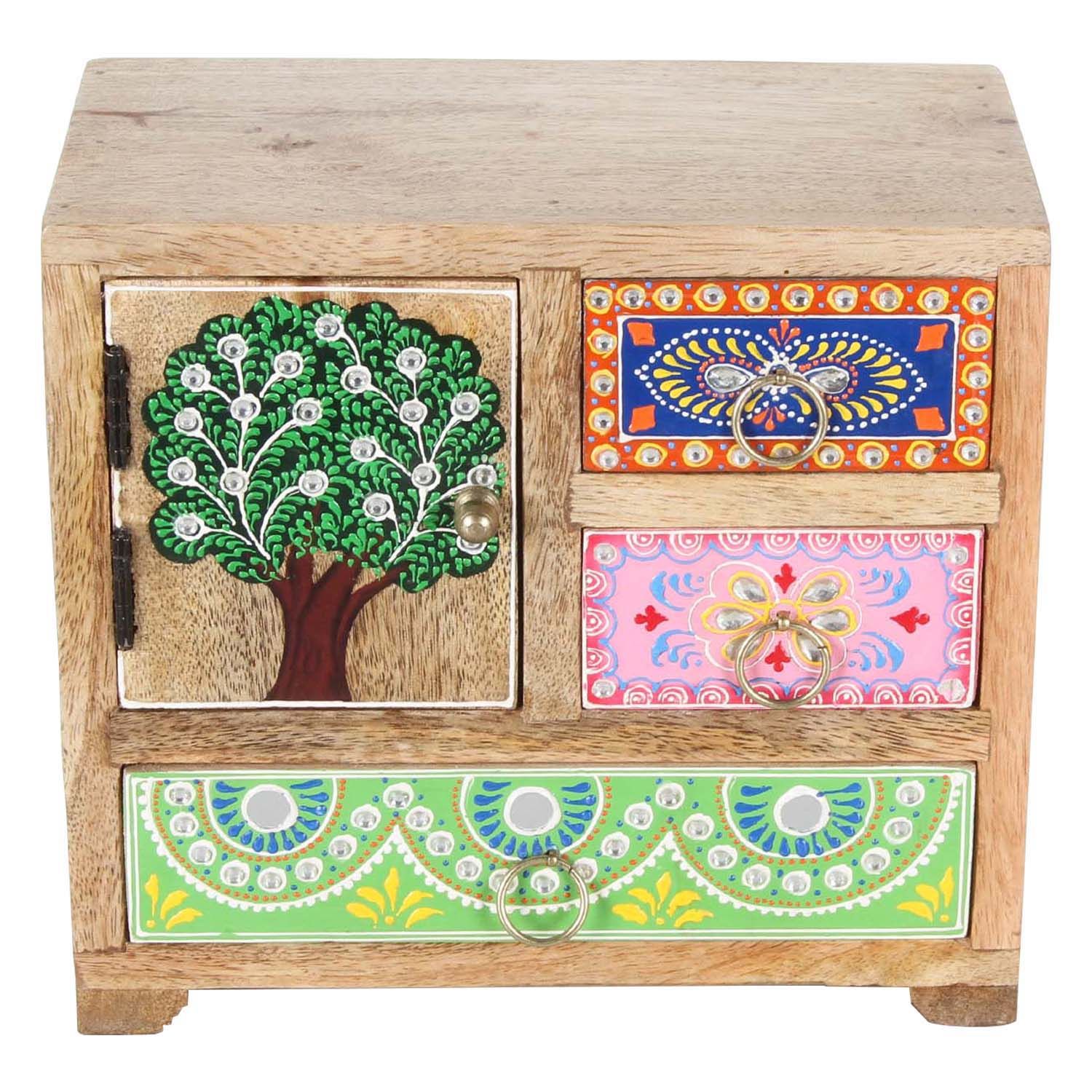 Creative Handicrafts 4 Drawer Hand Painted Rajasthani Style Embossed Wooden Box/Almirah