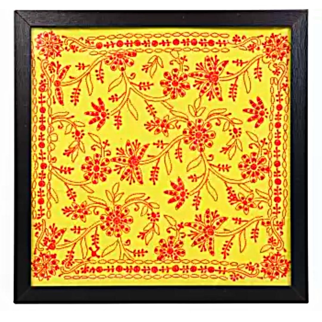 Chikankari Embroidery Decorative Wall Hanging Embroidery 44 inch x 44 inch Painting  (With Frame)