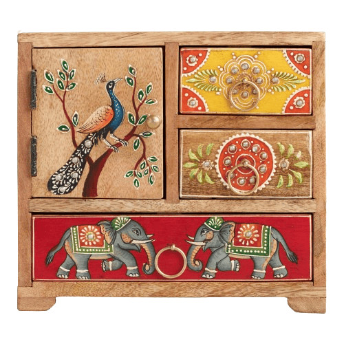 Creative Handicrafts 4 Drawer Hand Painted Rajasthani Style Embossed Wooden Box/Almirah