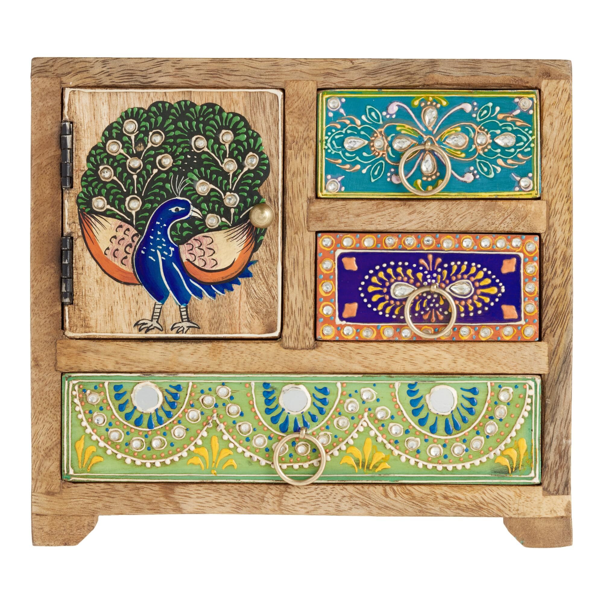 Creative Handicrafts 4 Drawer Hand Painted Rajasthani Style Embossed Wooden Box/Almirah