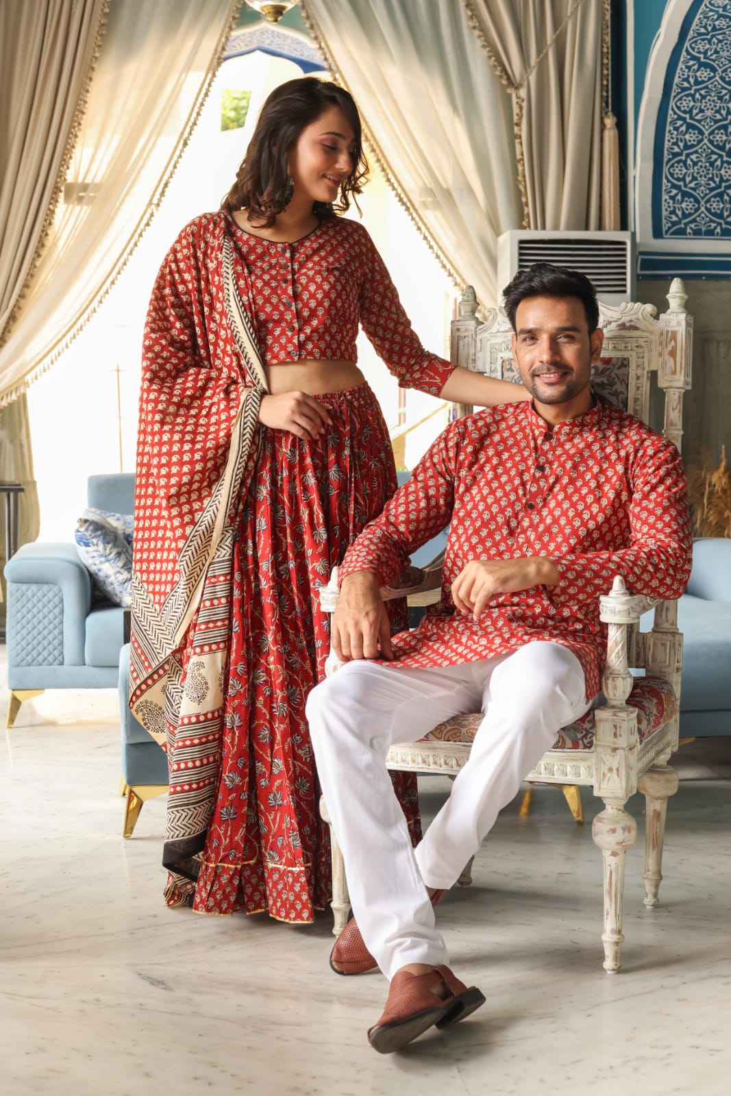 Handblock Printed Cotton Lehanga with Mulmul Dupatta and Kurta Pyjama Combo (Size: 32-46) Red Color-9474