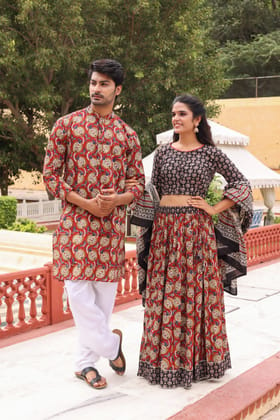 Handblock Printed Cotton Lehanga with Mulmul Dupatta and Kurta Pyjama Combo (Size: 32-46) Red Color-1516