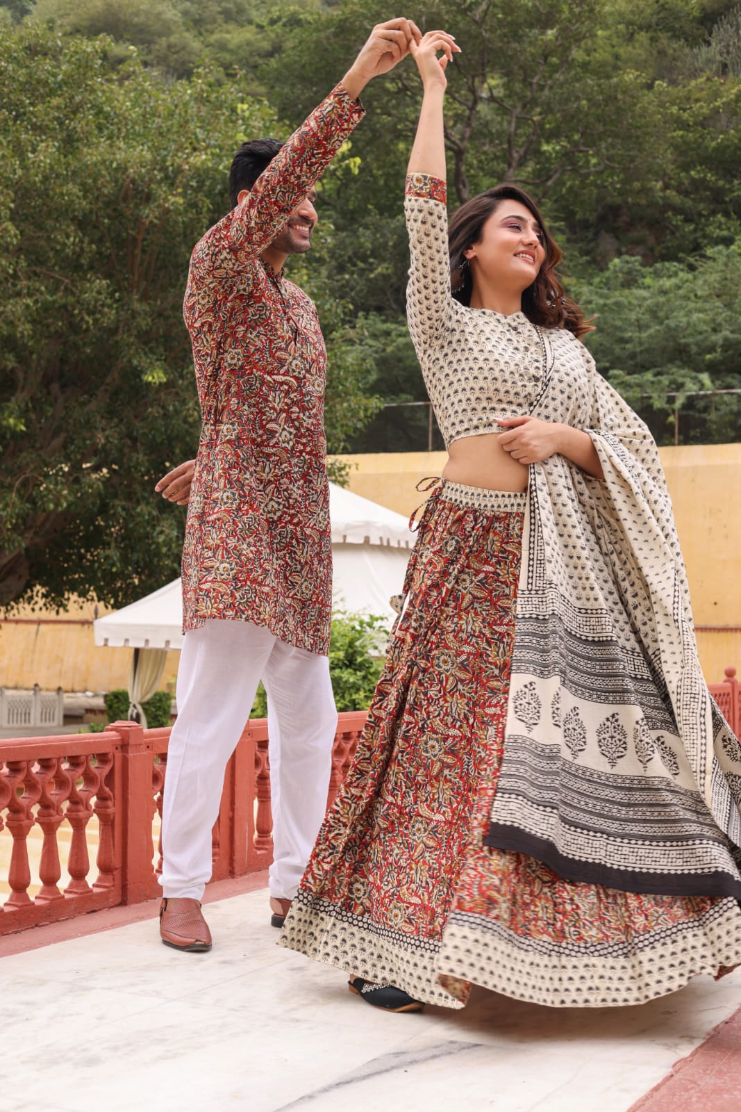 Handblock Printed Cotton Lehanga with Mulmul Dupatta and Kurta Pyjama Combo (Size: 32-46) Red Color-4607