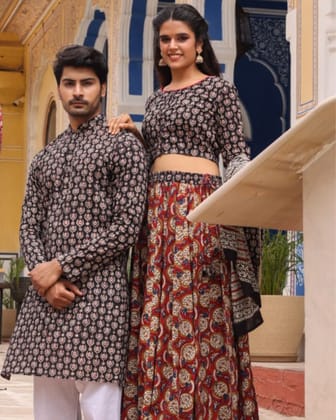 Handblock Printed Cotton Lehanga with Mulmul Dupatta and Kurta Pyjama Combo (Size: 32-46) Brown Color-8392