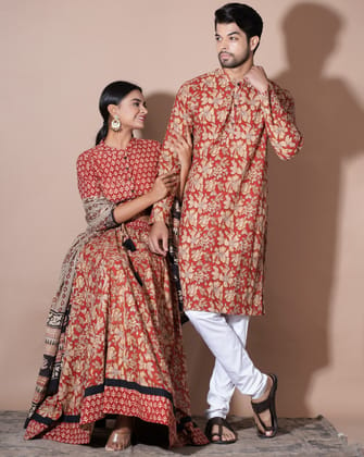 Handblock Printed Cotton Lehanga with Mulmul Dupatta and Kurta Pyjama Combo (Size: 32-46) Melon Red Color-5774