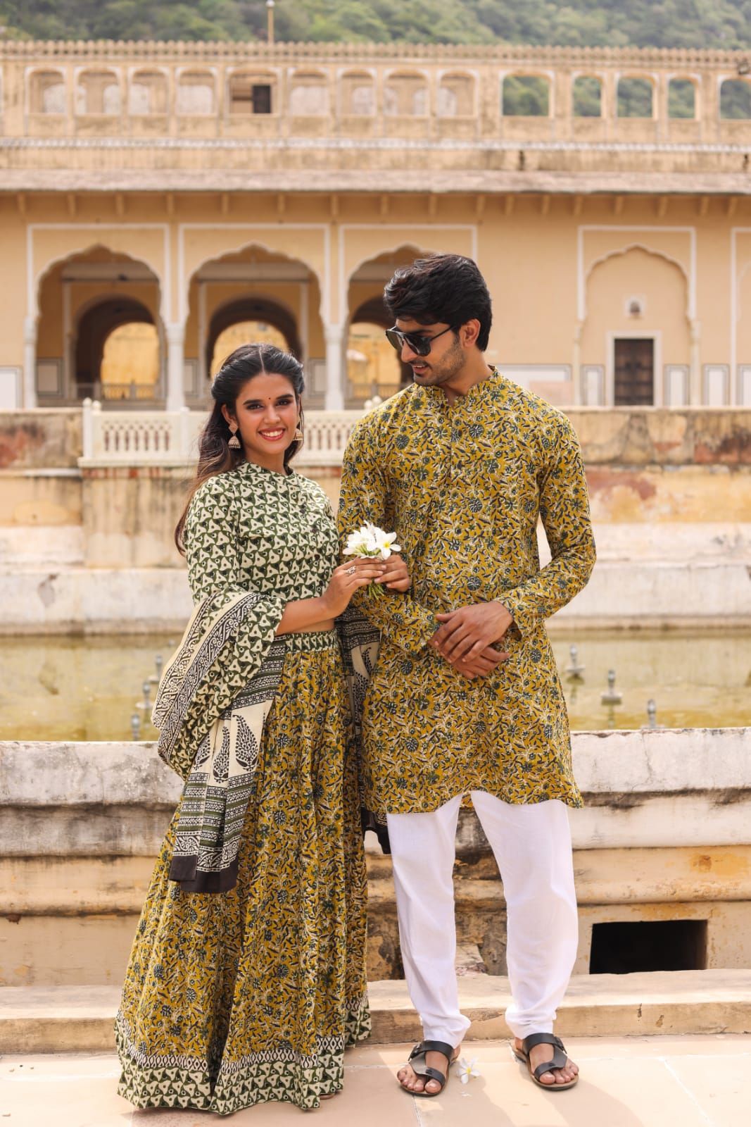 Handblock Printed Cotton Lehanga with Mulmul Dupatta and Kurta Pyjama Combo (Size: 32-46) Mustard Yellow Color-3275