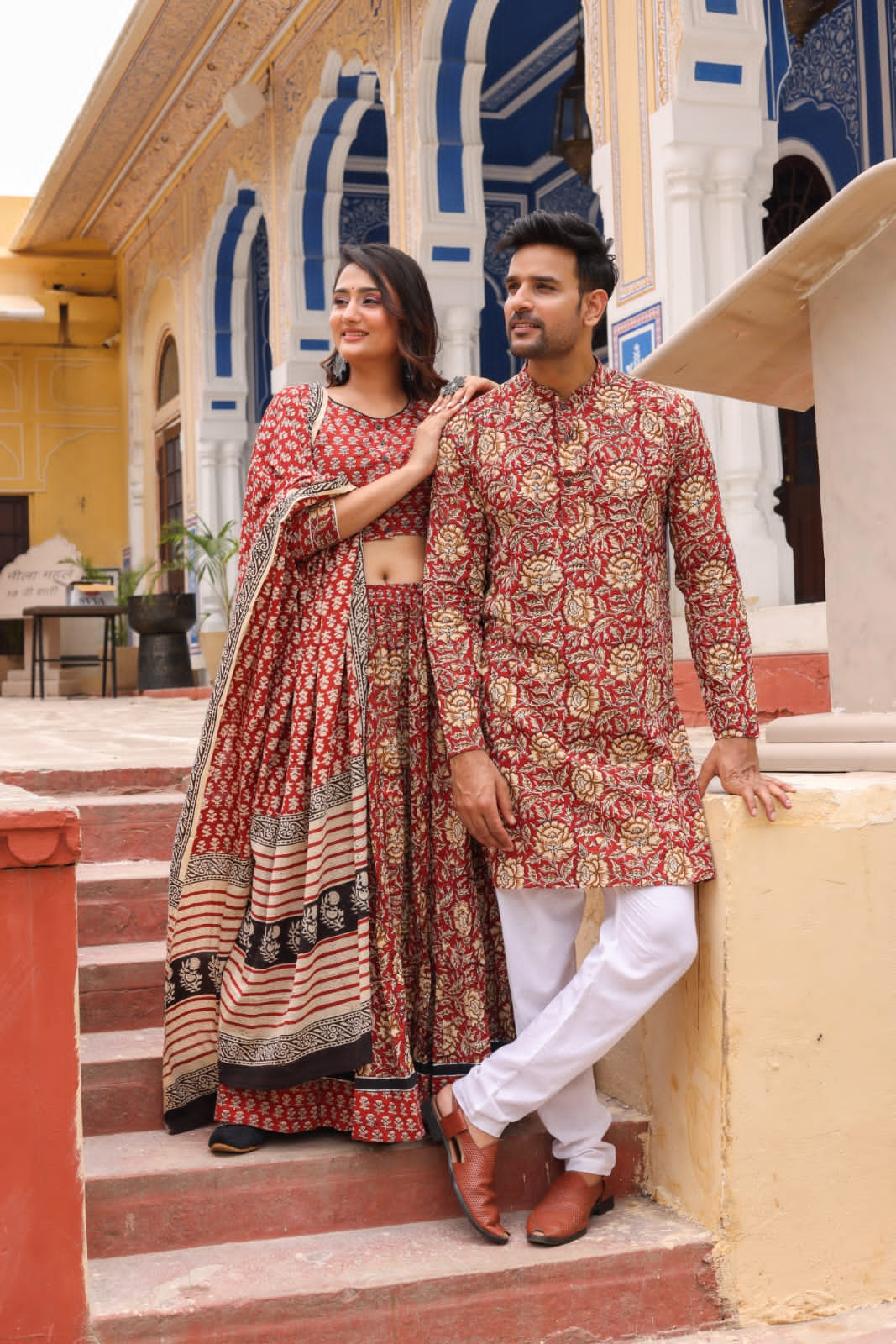 Handblock Printed Cotton Lehanga with Mulmul Dupatta and Kurta Pyjama Combo (Size: 32-46) Red Color-7547