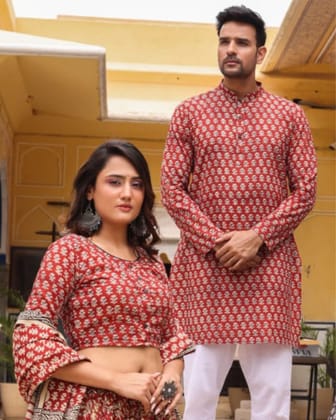 Handblock Printed Cotton Lehanga with Mulmul Dupatta and Kurta Pyjama Combo (Size: 32-46) Red Color-3650