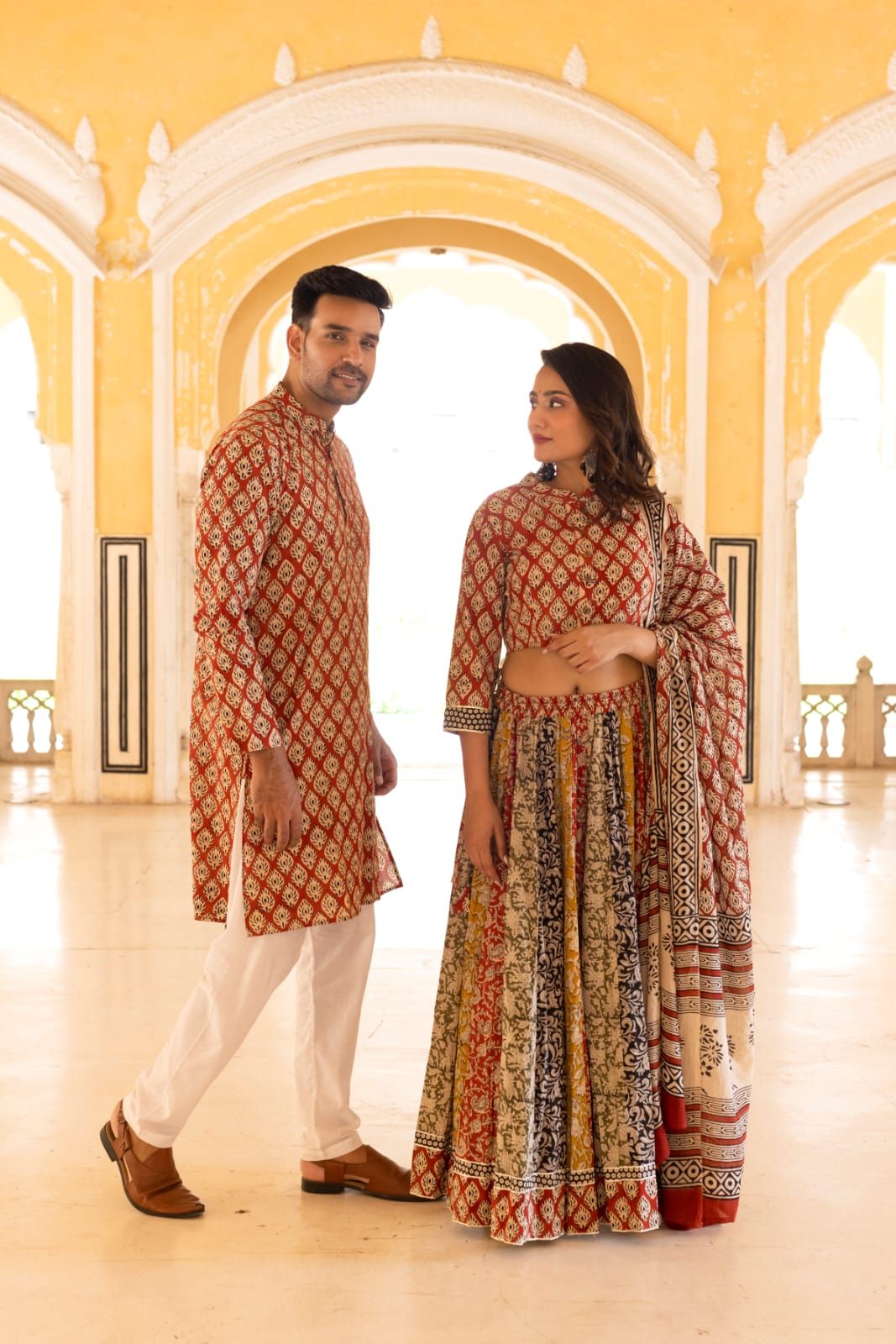 Handblock Printed Cotton Lehanga with Mulmul Dupatta and Kurta Pyjama Combo (Size: 32-46) Brown Color-1852