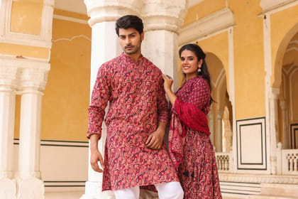 Handblock Printed Cotton Lehanga with Mulmul Dupatta and Kurta Pyjama Combo (Size: 32-46) Rose Red Color-5679