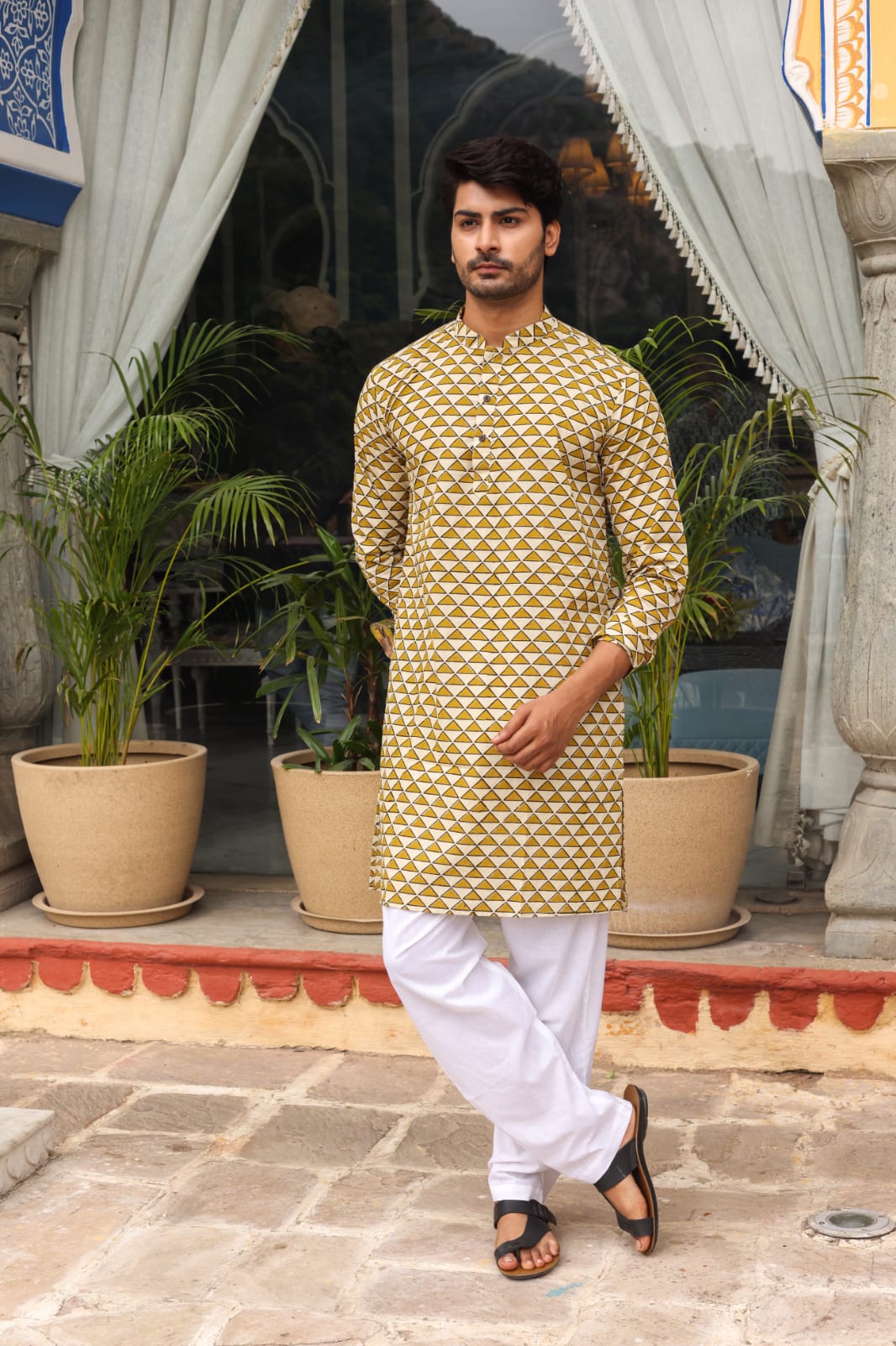 Cotton Designer Men'S Kurta Bagru Printed Hand Printed Off White & Yellow Color (Size: 38-44)-8663