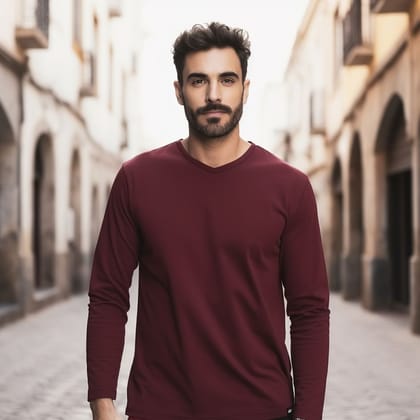 Burgundy Wine V-Neck Long Sleeve Crew