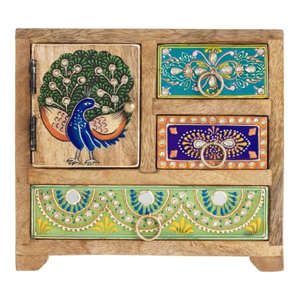 Wood To Cart® 4 Drawer Hand Painted Rajasthani Style Embossed Wooden Box/Almirah