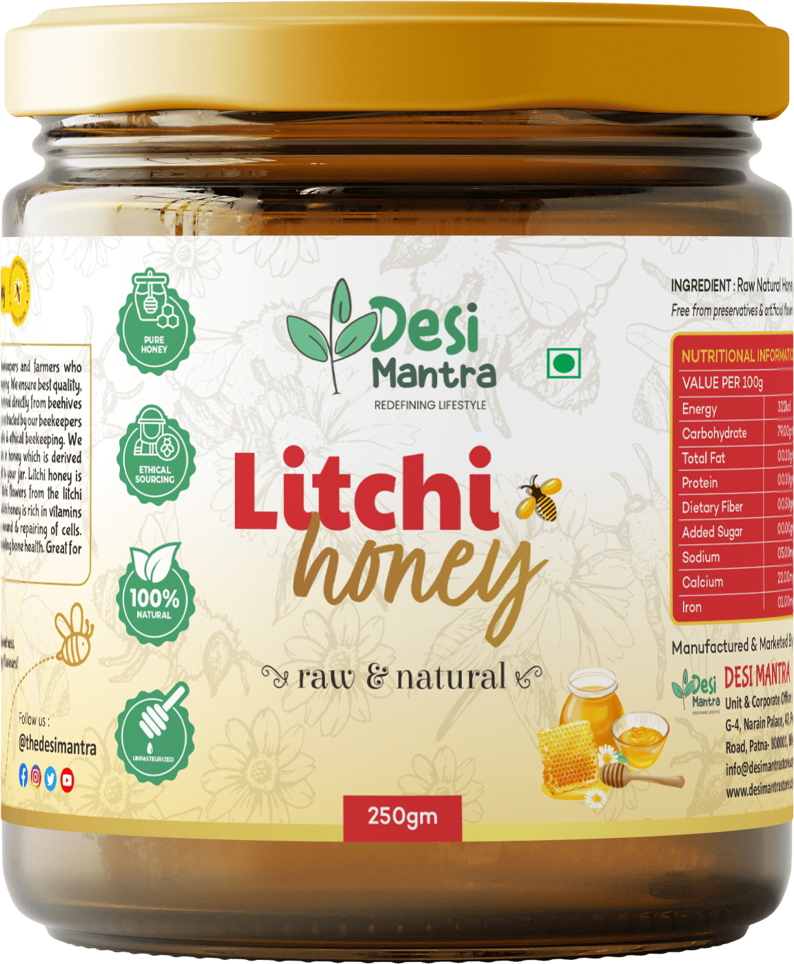 Desi Mantra's Pure Litchi Honey | 250g | Glass Jar