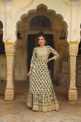 Cotton Skirt and Kurti Set (Size: 38-46) Cream Color Handblock Bagru Print-8280