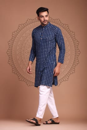 Cotton Designer Men'S Kurta Bagru Printed Hand Printed Blue Color (Size: 38-44)-3491