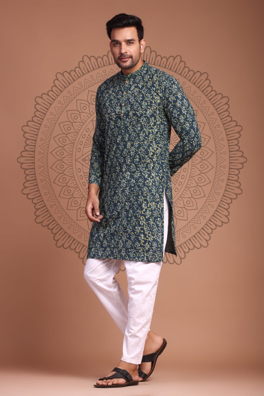 Cotton Designer Men'S Kurta Bagru Printed Hand Printed Blue Color (Size: 38-44)-6676