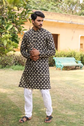 Cotton Designer Men'S Kurta Bagru Printed Hand Printed Dark Grey Color (Size: 38-44)-1627