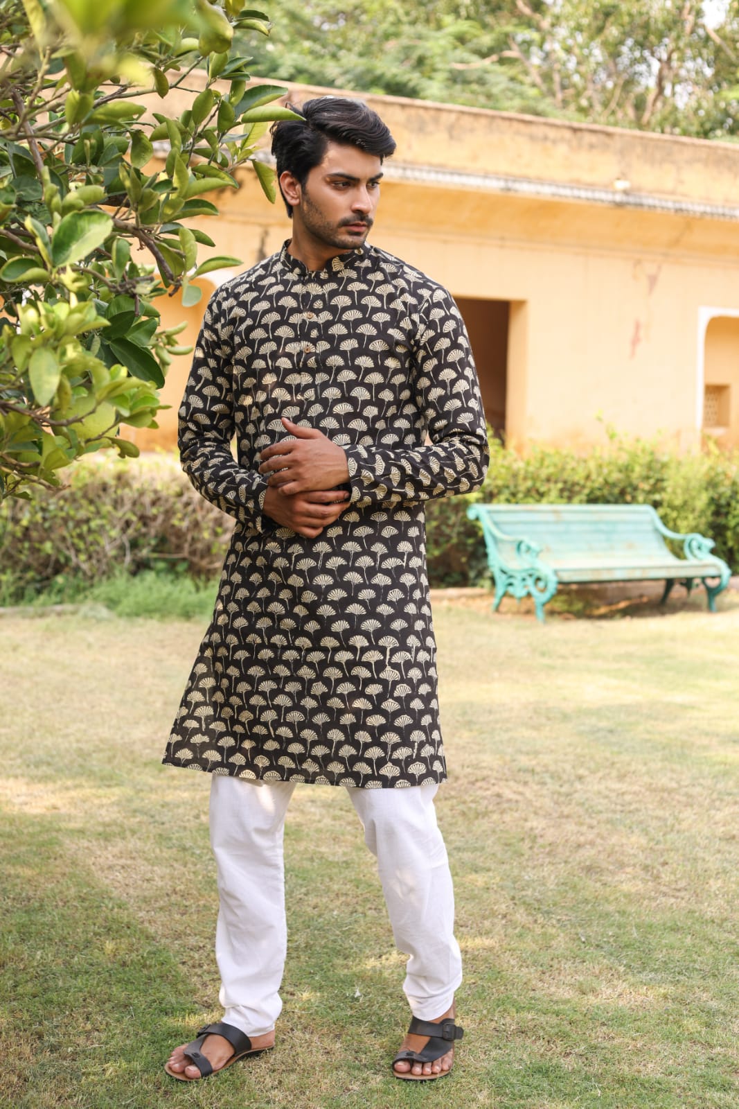 Cotton Designer Men'S Kurta Bagru Printed Hand Printed Dark Grey Color (Size: 38-44)-1627