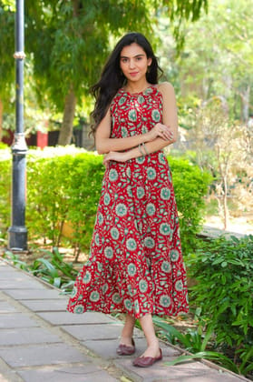 Pure Cotton Halter Neck Midi Red Dress Hand Block Printed (Size: 38-46)-2965