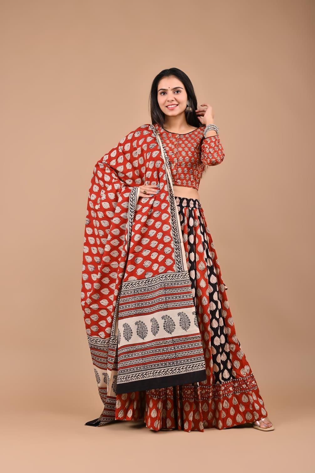 Cotton Lehanga Handblock Printed Cinnabar Red Color and Top With Mulmul Dupatta (Size 34-46)-3180