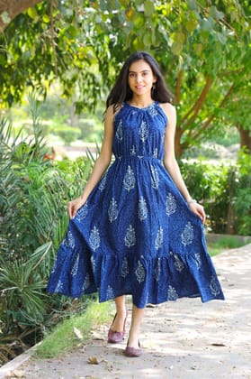 Pure Cotton Halter Neck Midi Blue Dress Hand Block Printed (Size: 38-46)-5456