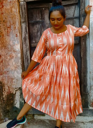 Pure Cotton Ikkat Dress Orange Colour (Size XXS(32) to Plus Size(56))-2042