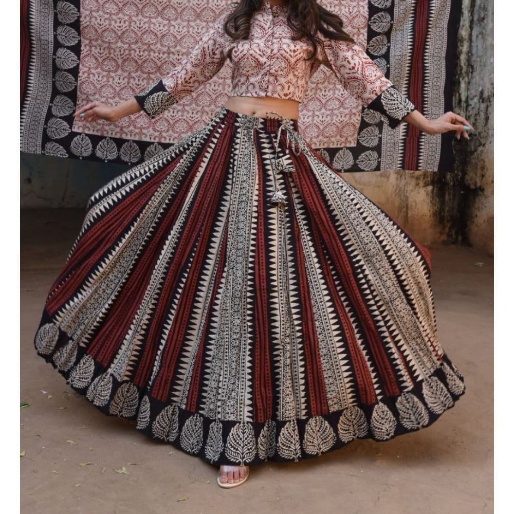 Handblock Printed Cotton Red Lehanga And Top With Mulmul Dupatta (Size 34-46)-8956