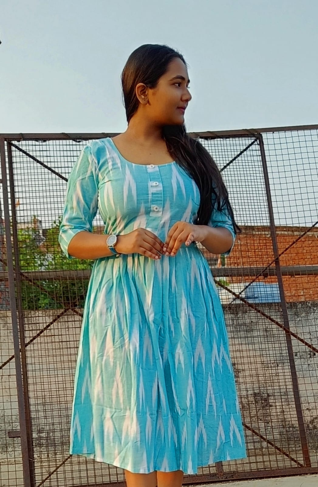 Pure Cotton Ikkat Dress Sky Blue Color (Size XXS(32) to Plus Size(56))-5086