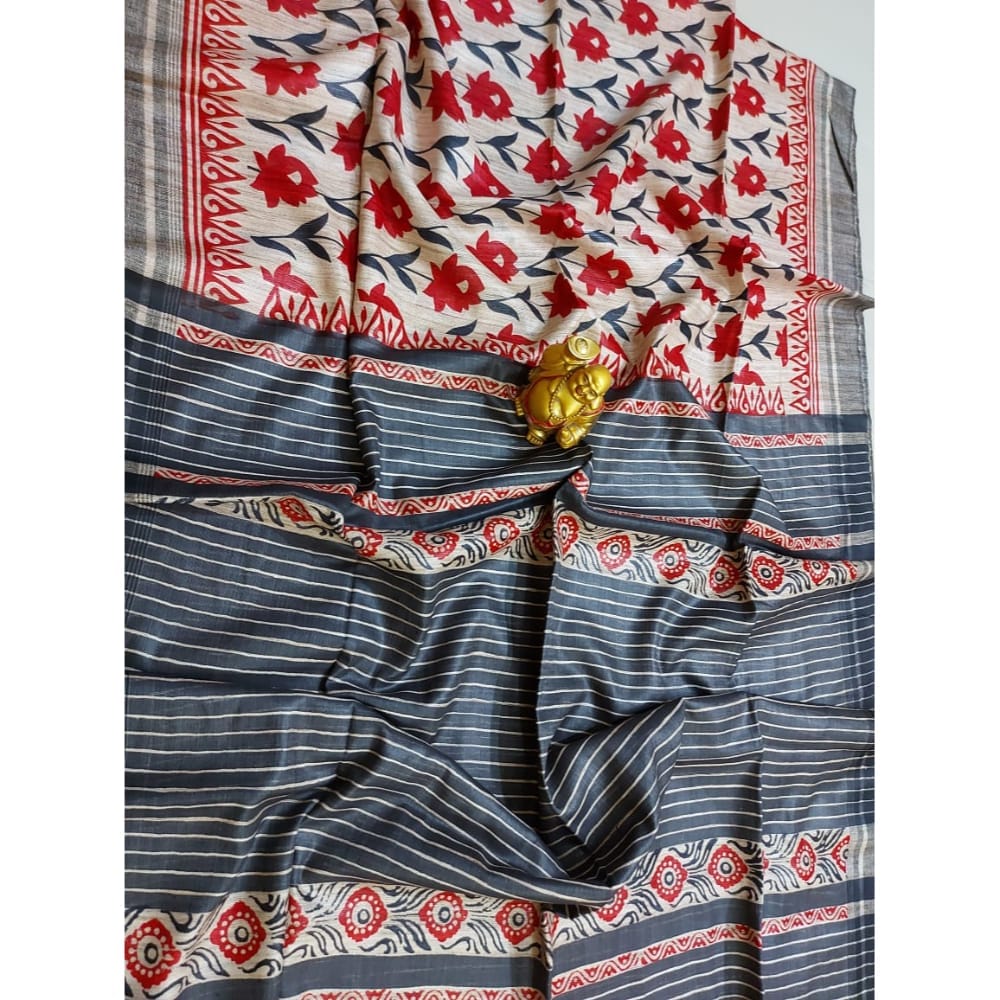 Silkmark Certified Tussar Silk Handloom Handblock Printed Red and Black Saree with Blouse-1891