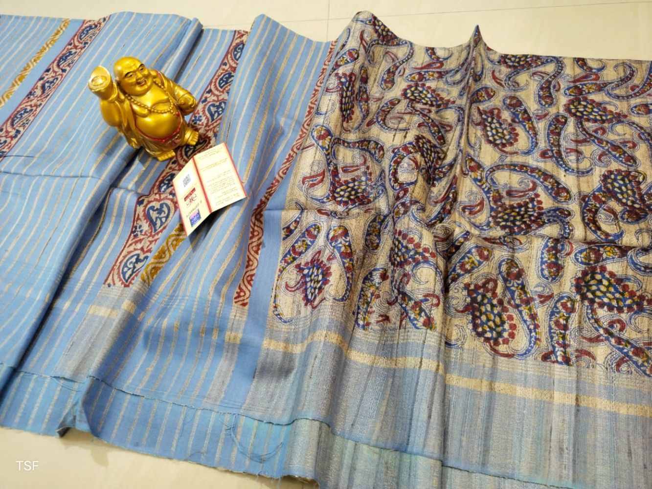 Silkmark Certified Tussar Silk Handloom Handblock Printed Blue Saree with Blouse-5352