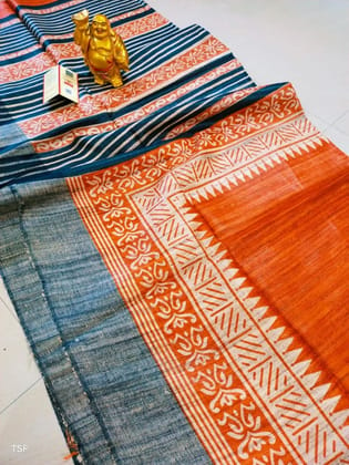 Silkmark Certified Tussar Silk Handloom Handblock Printed Orange and Blue Saree with Blouse-3225