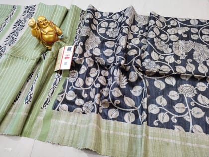 Silkmark Certified Tussar Silk Handloom Handblock Printed Blue and Green Saree with Blouse-5347