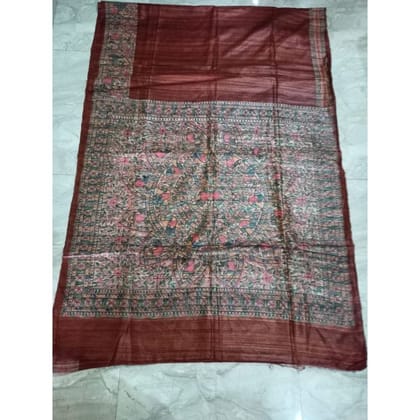 Silkmark Certified Tussar Silk Madhubani HANDPAINTED Brown Saree with Blouse-6297