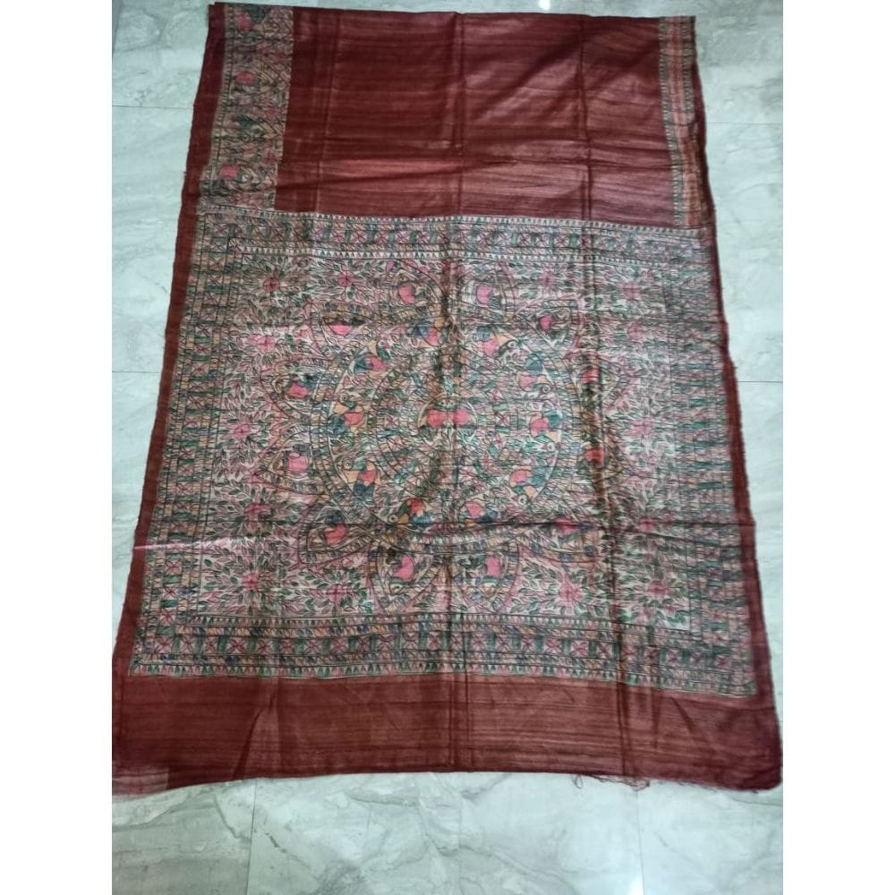 Silkmark Certified Tussar Silk Madhubani HANDPAINTED Brown Saree with Blouse-6297