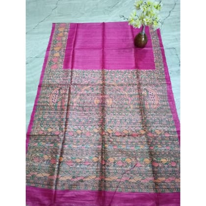 Silkmark Certified Tussar Silk Madhubani HANDPAINTED Pink Saree with Blouse-1946