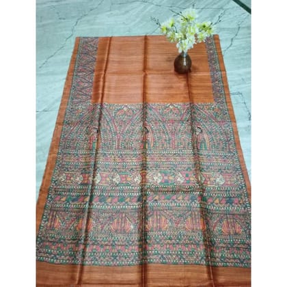 Silkmark Certified Tussar Silk Madhubani HANDPAINTED Brown Saree with Blouse-1046