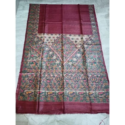 Silkmark Certified Tussar Silk Madhubani HANDPAINTED Plum color Saree with Blouse-6652