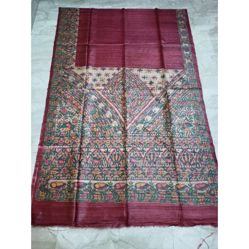 Silkmark Certified Tussar Silk Madhubani HANDPAINTED Plum color Saree with Blouse-6652