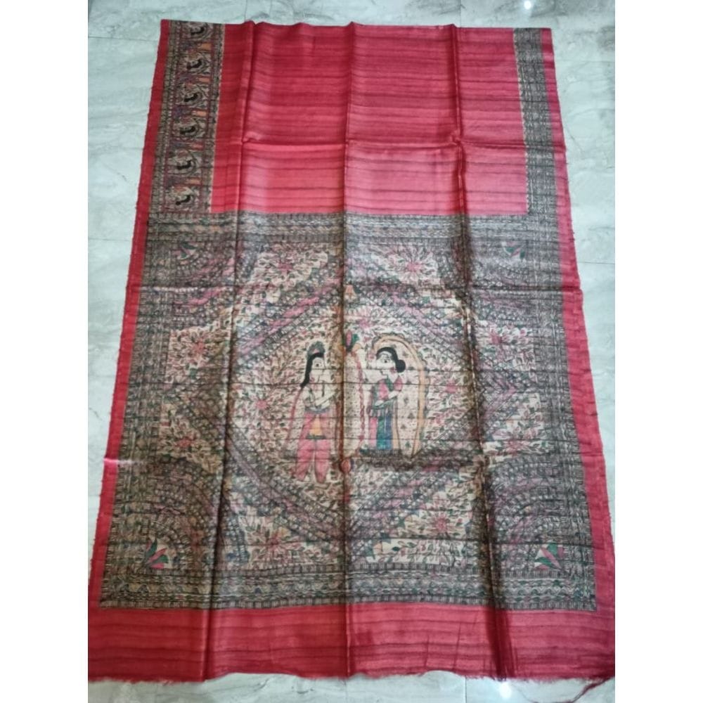 Silkmark Certified Tussar Silk Madhubani HANDPAINTED Red Saree with Blouse-1882