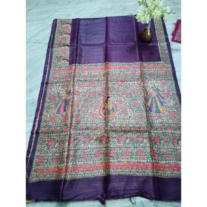 Silkmark Certified Tussar Silk Madhubani HANDPAINTED Voilet Saree with Blouse-5520