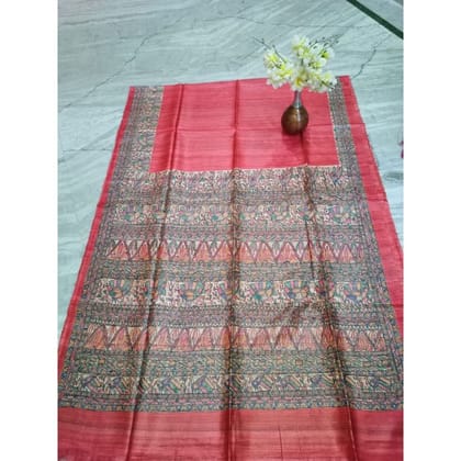 Silkmark Certified Tussar Silk Madhubani HANDPAINTED Red Saree with Blouse-9328