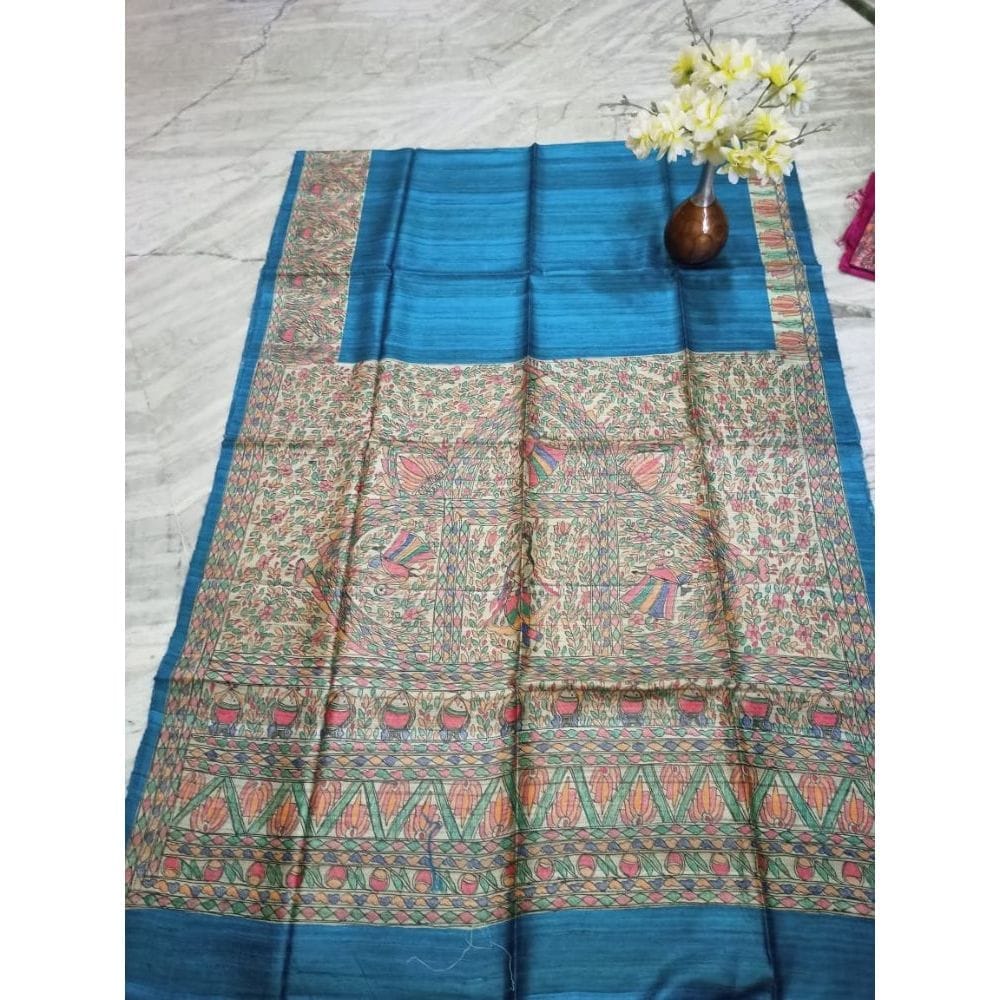 Silkmark Certified Tussar Silk Madhubani HANDPAINTED Blue Saree with Blouse-8326