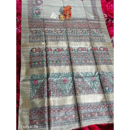 Silkmark Certified Tussar Silk Madhubani HANDPAINTED Biege Saree with Blouse-2223