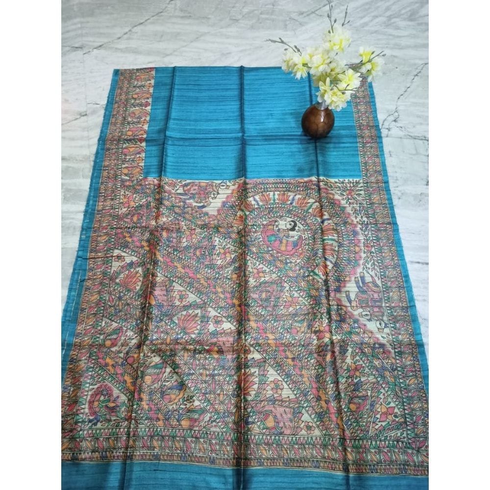 Silkmark Certified Tussar Silk Madhubani HANDPAINTED Blue Saree with Blouse-8830