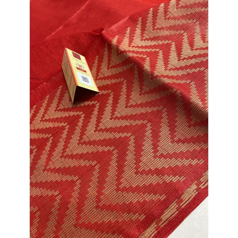 Silkmark certified Chanderi Silk Red Saree with Running Blouse-3790