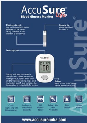 AccuSure Life Blood Glucose meter With 25 Test Strip