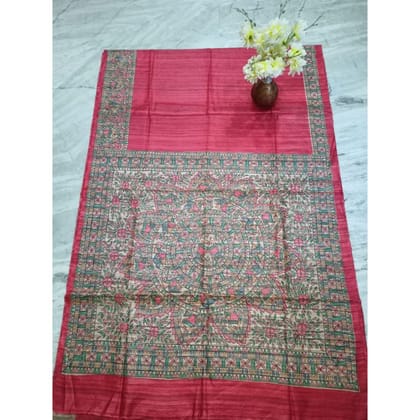 Silkmark Certified Tussar Silk Madhubani HANDPAINTED Red Saree with Blouse-5679