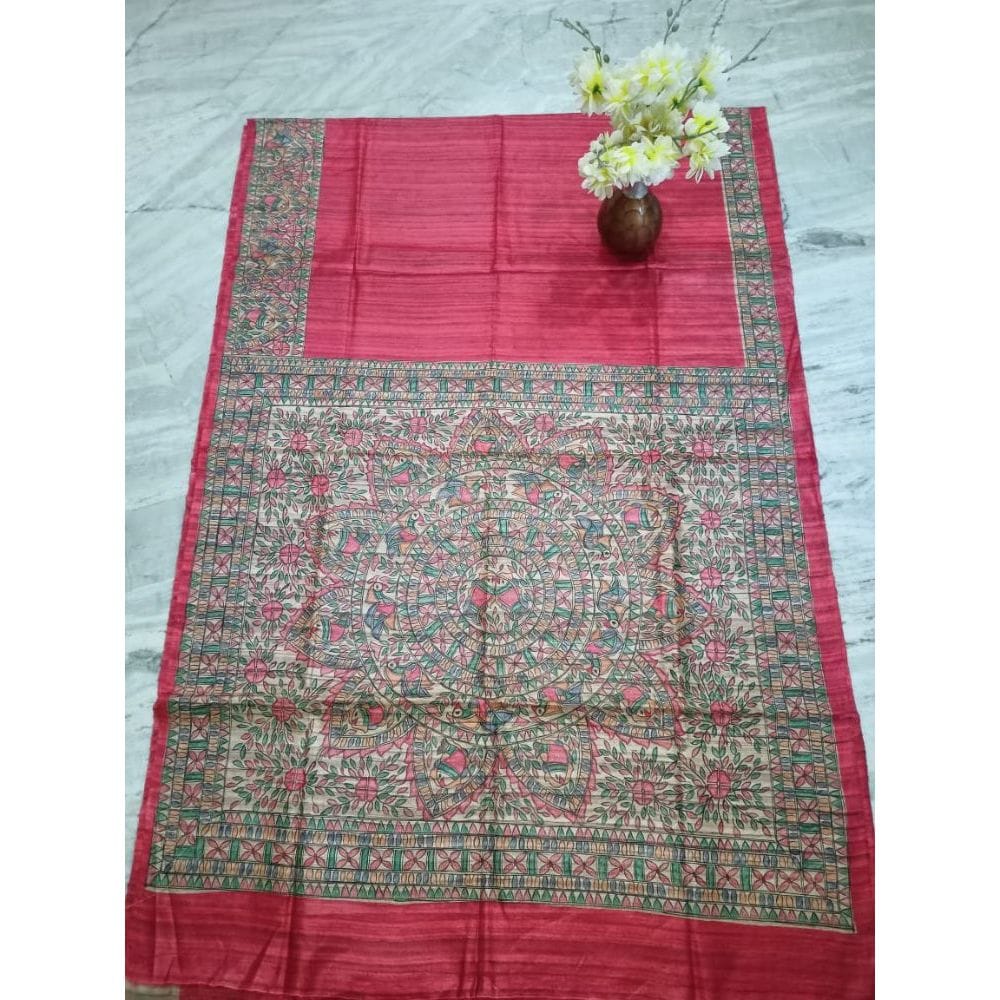 Silkmark Certified Tussar Silk Madhubani HANDPAINTED Red Saree with Blouse-5679