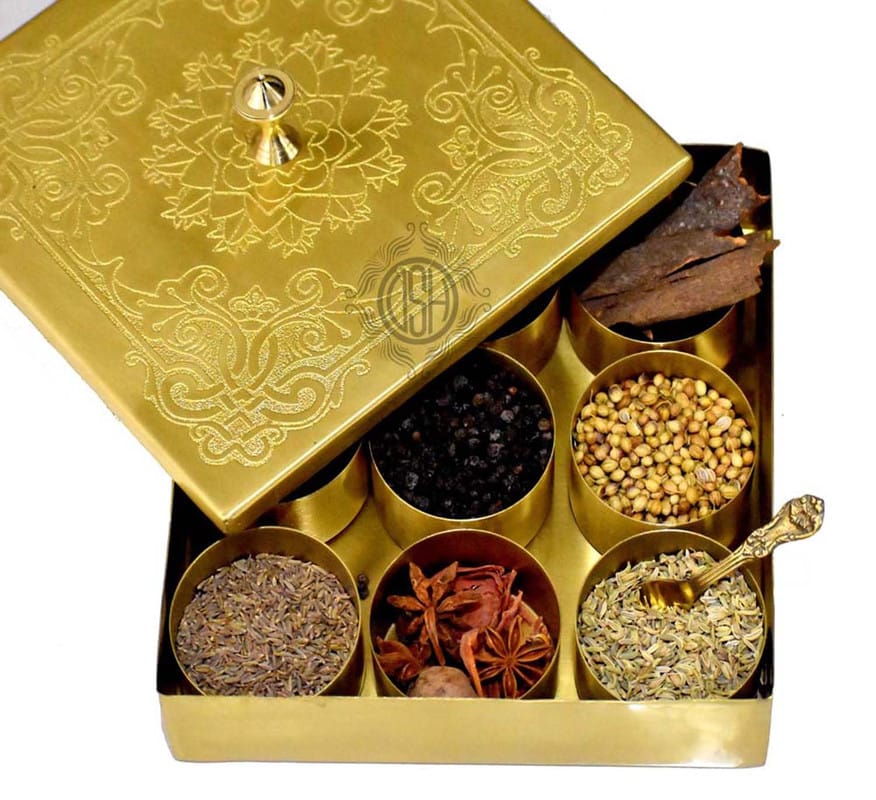 Brass Spice Box Square Shape Multipurpose Stylish Masala Dani Dabba with 1 Spoon And 9 Containers For Kitchen. (BR-8-MASALAbox-SQR)